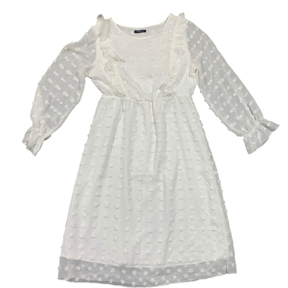 Semi Sheer Swiss Dot Dress Long Sleeve Ruffle Trim Women's Size Large Fairy